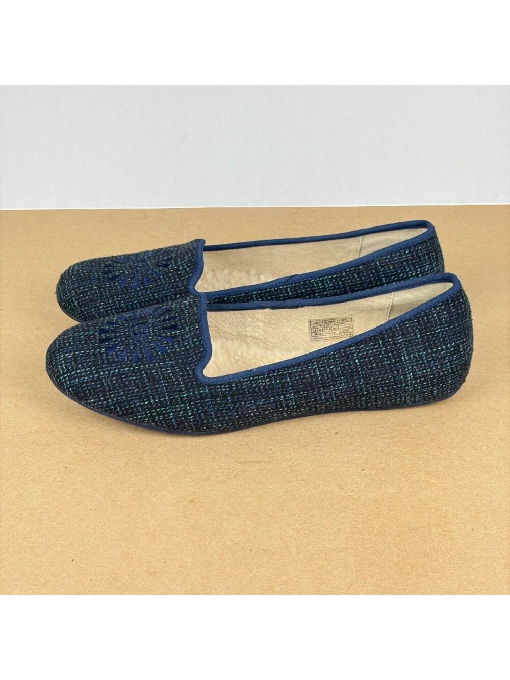 UGG Alloway Tweed Flats Sheepskin Footbed Womens 10 Blue Slip On Embroidered